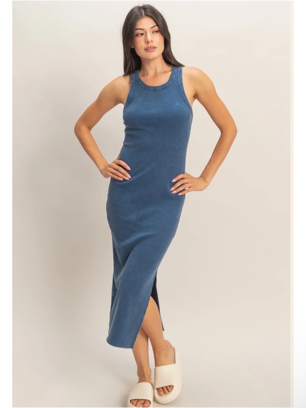 NEW Double Zero Navy Blue Acid Wash Ribbed Racerback Midi Dress Medium